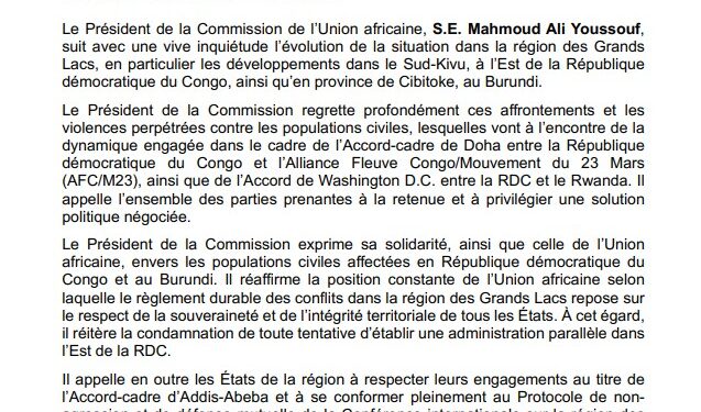 Crise à l’Est : l’UA appelle à la désescalade et réaffirme sa ‘’disponibilité en vue d’impulser un dialogue‘’